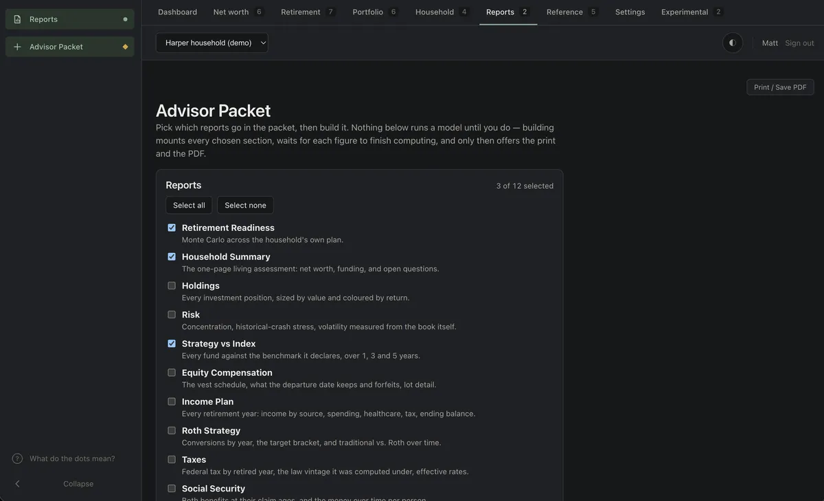 The advisor packet builder — selected pages assembled into one dated, printable export, with anything flagged unshareable excluded server-side.