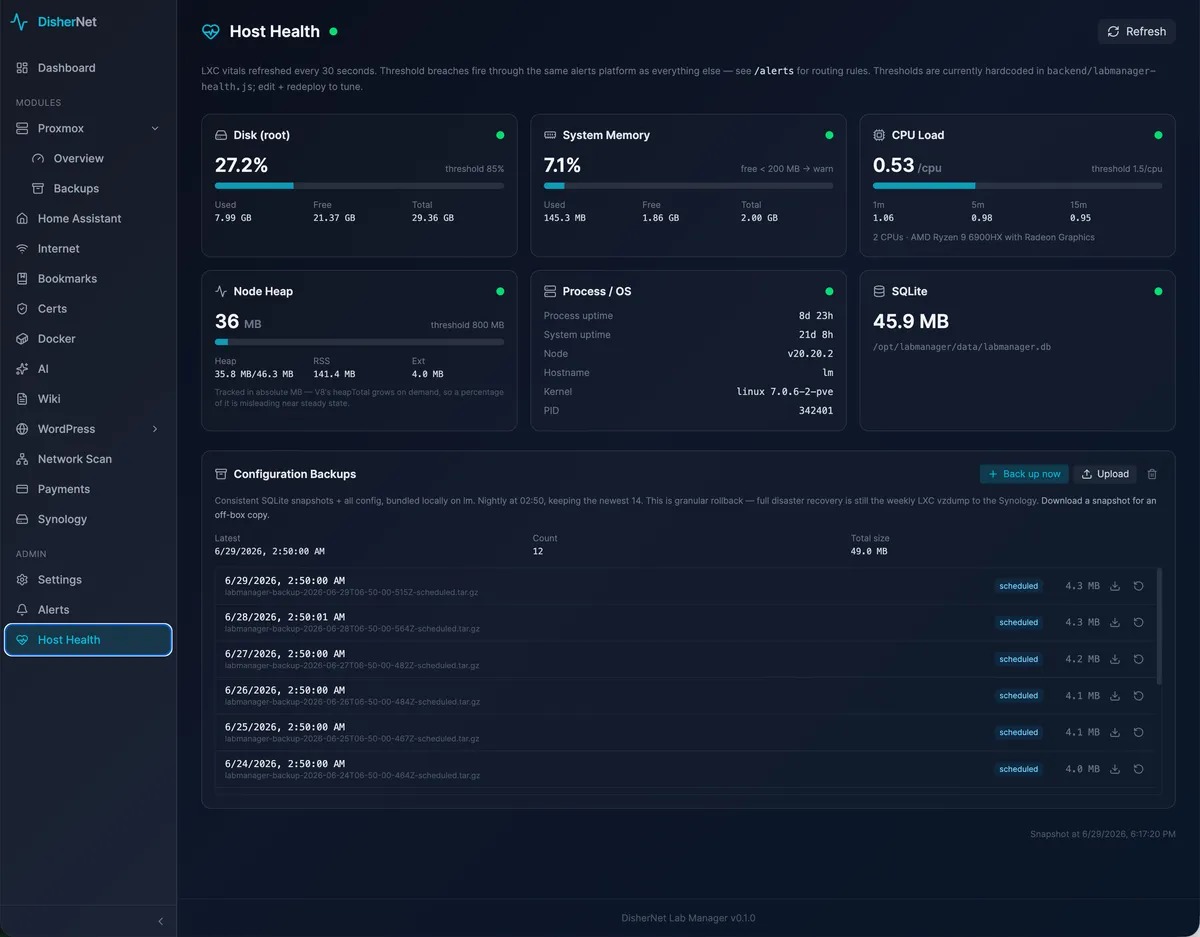 Host health — per-node CPU, memory, and storage gauges