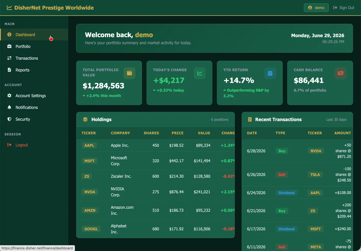 Finance Portal — investor relations with a live stock chart and downloadable filings