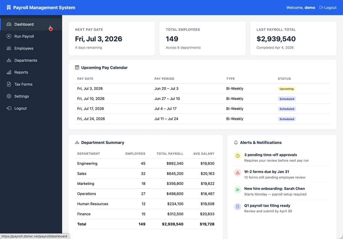 Payroll System — pay stubs and tax forms behind a login