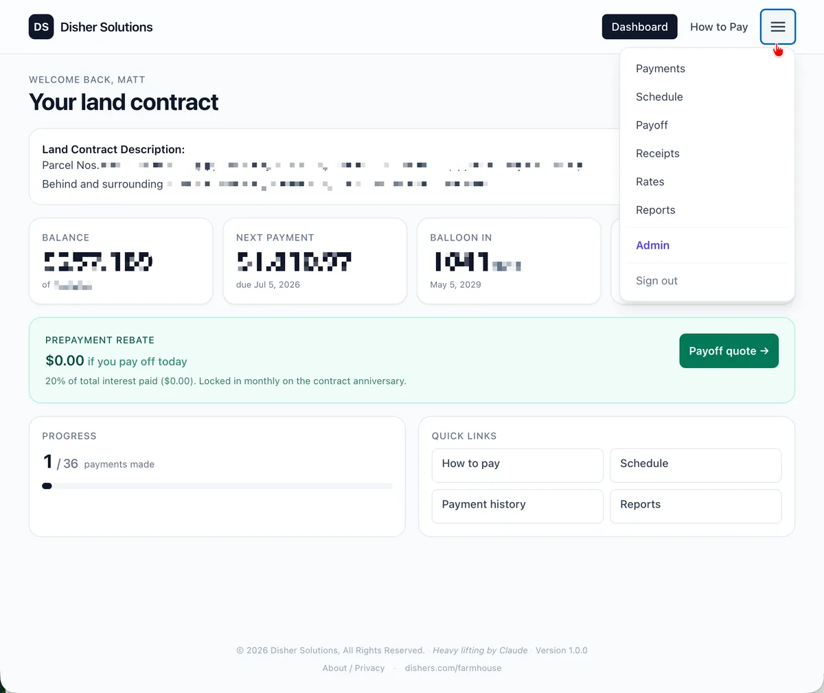 Buyer dashboard — balance, next payment, and balloon countdown (figures redacted)