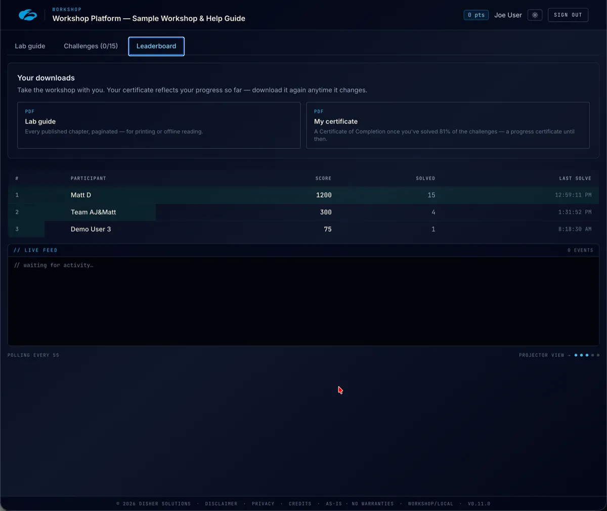 Real-time leaderboard with live standings and first-blood notches