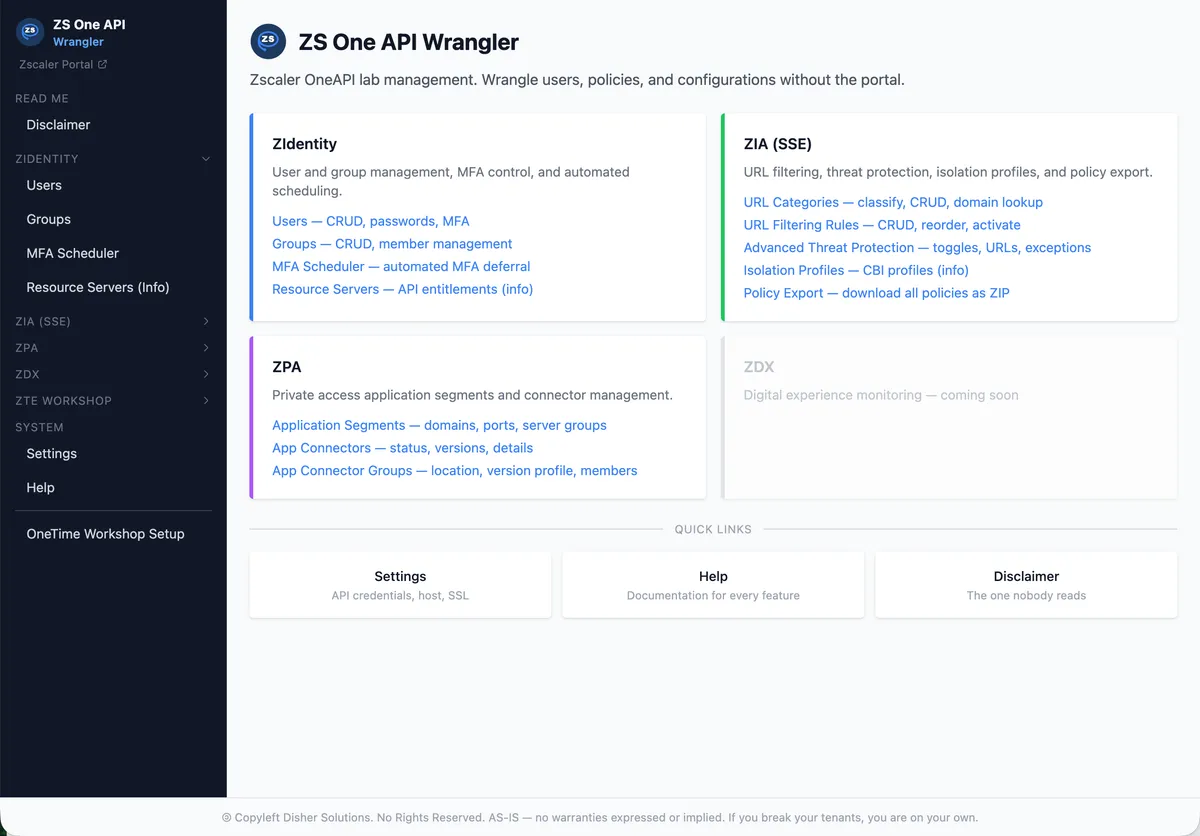 The console — managing a Zscaler lab tenant through one UI